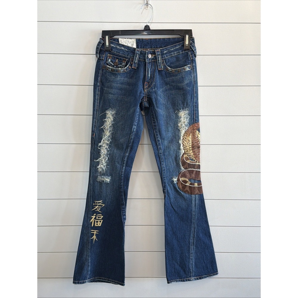 Live Grand L&G Boutique Y2K Studs Snake Embroidered Distressed Flare Jeans 28X32